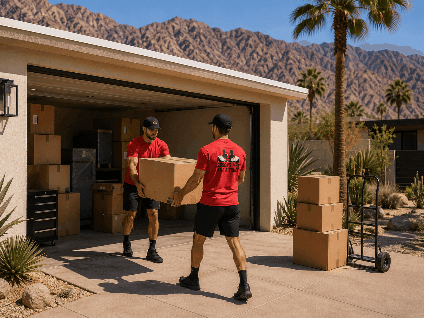 The crew carrying boxes out of a garage in the low desert